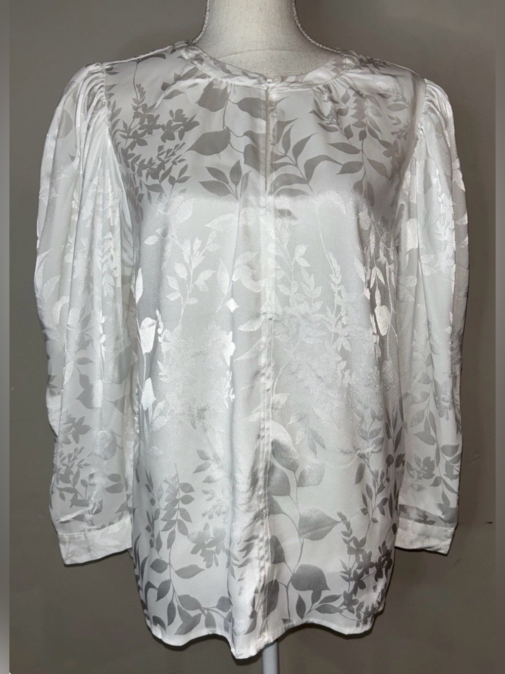 Calvin Klein Womens Flowy Floral White Satin Balloon Sleeve Dressy Blouse Sz L